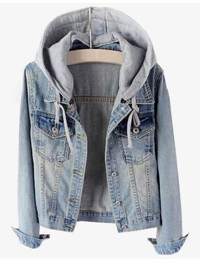 Light Wash Denim Jacket with Attached Gray Hood